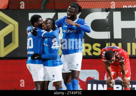 Kortrijk, Belgium. 29th Oct, 2023. Genk's Joseph Paintsil celebrates after scoring during a soccer match between KV Kortrijk and KRC Genk, Sunday 29 October 2023 in Kortrijk, on day 12/30 of the 2023-2024 'Jupiler Pro League' first division of the Belgian championship. BELGA PHOTO KURT DESPLENTER Credit: Belga News Agency/Alamy Live News Stock Photo