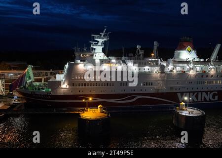 MS Rosella at 4am in Mariehamn harbour from a cruise ferry ship travelling on the Baltic Sea between Åland and Helsinki in Finland. Photo: Rob Watkins Stock Photo