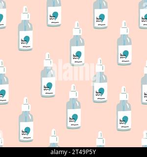 Vector seamless pattern with glass bottle with daycare serum, skin routine pattern. Vector illustration Stock Vector