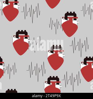 Human hearts and cardiograms seamless pattern. Natural scientific style of love ornament. Stock Vector