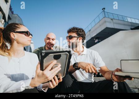 Successful Business Partners Reviewing Project Documentation Outdoors Stock Photo