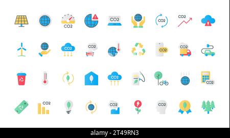 Carbon neutral and net zero symbols, greenhouse gas and environment pollution reduction with eco friendly sustainable energy, industry. CO2 emissions flat icons set vector illustration. Stock Vector
