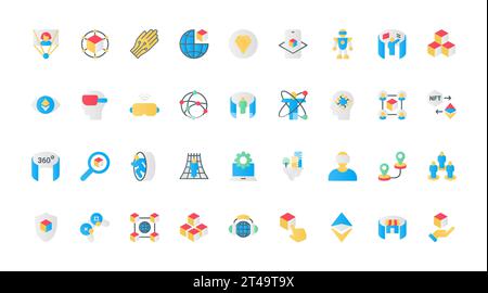 Metaverse flat icons set vector illustration. Pictograms of VR glasses for virtual world simulation with 360 round view, innovation headset for video game, blockchain and NFT symbols. Stock Vector