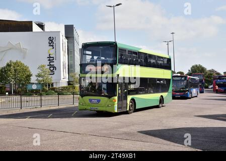 Southern Vectis Scania CN230UD Omnicity 1141 (HF09 BKA) is seen at Poole Bus Station while on hire to Morebus. Stock Photo
