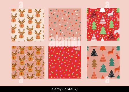 Vector set of 6 seamless patterns on Christmas topic. Confetti, reindeer, Christmas tree, wood in winter. Christmas holidays patterns. Vector illustration Stock Vector