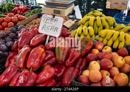 Fresh produce  for sale at the weekly Tuesday market along Avenida de Ponferrada in Astorga, Leon, Spain. Stock Photo
