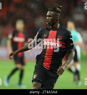 Leverkusen, Germany. 29th Oct, 2023. Odilon Kossounou (Bayer), Leverkusen, Germany, 29.10.2023, 1. Bundesliga, 9. Spieltag, Bayer 04 Leverkusen - SC Freiburg. DFL REGULATIONS PROHIBIT ANY USE OF PHOTOGRAPHS AS IMAGE SEQUENCES AND/OR QUASI-VIDEO Credit: Juergen Schwarz/Alamy Live News Stock Photo