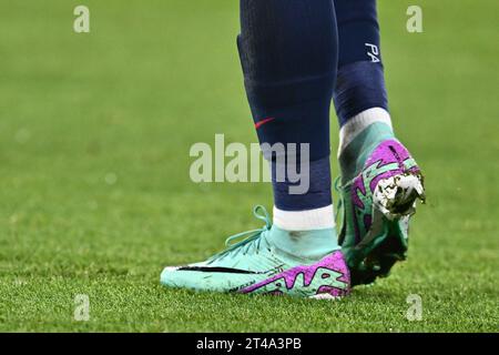 PARIS, FRANCE - OCTOBER 25: Details of Nike football boots of Kylian Mbappe during the UEFA Champions League match between Paris Saint-Germain and AC Stock Photo