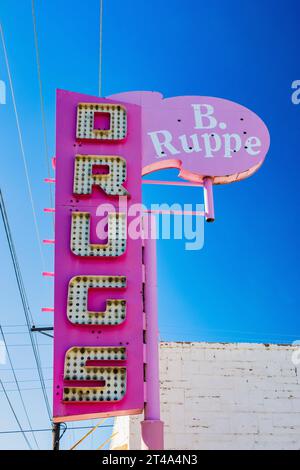 Slgn for the Iconic B. Ruppe Drugstore along Route 66 in Albuquerque, New Mexico, USA [No property release; editorial licensing only] Stock Photo