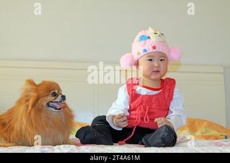 TANGSHAN - JANUARY 25: A Children wearing red clothes and the pomeranian sitting on the bed, January 25, 2014, tangshan, china. Stock Photo