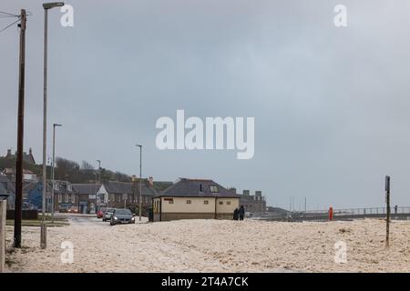 Lossiemouth, Moray, UK. 29th Oct, 2023. This shows the combination of extreme high tide, strong winds to flood Lossiemouth with Sea Foam. Credit: JASPERIMAGE/Alamy Live News Stock Photo