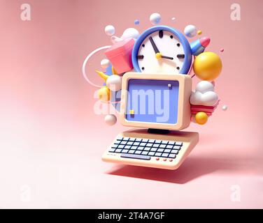 Old Computer Screen Cube Form Cube Shape with Computer Keyboard on Faces 3D Illustration Front View ...