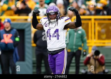 Green Bay, Wisconsin, USA. 29th Oct, 2023. Minnesota Vikings safety Josh Metellus (44) flexes after making a play during the NFL football game between the Minnesota Vikings and the Green Bay Packers at Lambeau Field in Green Bay, Wisconsin. Darren Lee/CSM/Alamy Live News Stock Photo