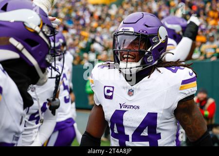 Green Bay, Wisconsin, USA. 29th Oct, 2023. Minnesota Vikings safety Josh Metellus (44) celebrates after making an interception during the NFL football game between the Minnesota Vikings and the Green Bay Packers at Lambeau Field in Green Bay, Wisconsin. Darren Lee/CSM/Alamy Live News Stock Photo