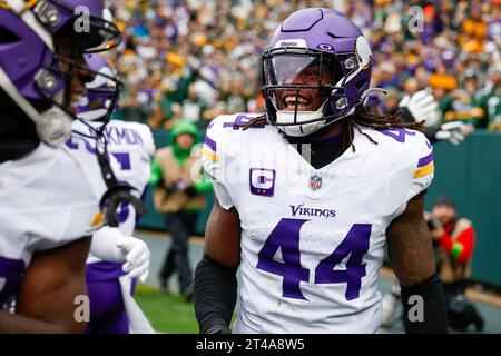 Green Bay, Wisconsin, USA. 29th Oct, 2023. Minnesota Vikings safety Josh Metellus (44) celebrates after making an interception during the NFL football game between the Minnesota Vikings and the Green Bay Packers at Lambeau Field in Green Bay, Wisconsin. Darren Lee/CSM/Alamy Live News Stock Photo