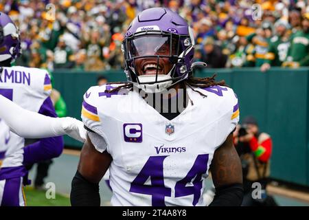 Green Bay, Wisconsin, USA. 29th Oct, 2023. Minnesota Vikings safety Josh Metellus (44) celebrates after making an interception during the NFL football game between the Minnesota Vikings and the Green Bay Packers at Lambeau Field in Green Bay, Wisconsin. Darren Lee/CSM/Alamy Live News Stock Photo