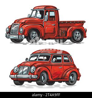Farm truck and passenger car. Retro transport set. Vector illustration Stock Vector