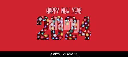 Happy New Year 2024 text cut on red background and filled with colorful Christmas balls 3d render 3d illustration Stock Photo