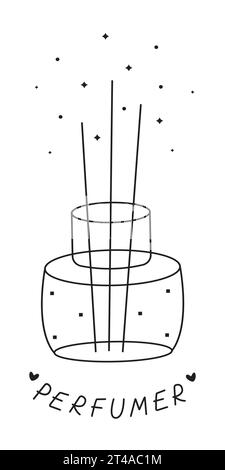 Incense sticks, pictogram of a glass perfume jar, magical fragrance, vector doodle of aroma, black line illustration for perfumer Stock Vector