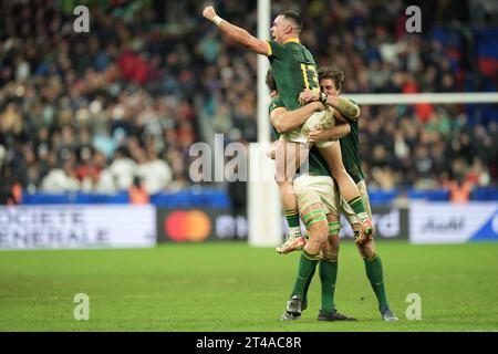 South Africa's Jesse Kriel celebrates after final whistle during the 2023 Rugby World Cup Final match between New Zealand and South Africa at the Stade de France in Saint-Denis, France on October 28, 2023. Credit: FAR EAST PRESS/AFLO/Alamy Live News Stock Photo