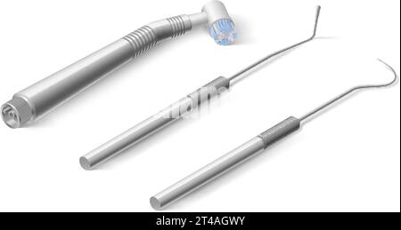 Basic Dentist Instruments and Tools Laid Out on White Backdrop. A Set of Metal Medical Equipment for Teeth Dental Care. Dental Hygiene and Healthcare Stock Vector