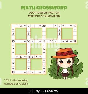 Math Crossword puzzle for kids. Addition, subtraction, multiplication and division Stock Vector