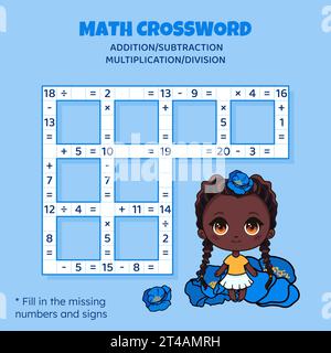 Math Crossword puzzle for kids. Addition, subtraction, multiplication and division Stock Vector