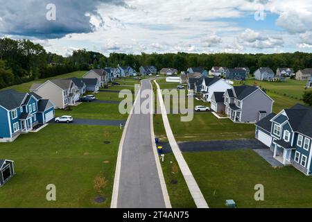 Aerial view of spacious new family houses in upstate New York suburban area. Real estate development in american suburbs Stock Photo