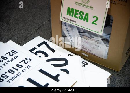 Bogota, Colombia. 29th Oct, 2023. Members of the electoral jury count votes and discard all unused electoral materials Colombia's regional elections to choose the new Mayors, Governors and Council Members for the cities, in Bogota, Colombia, October 29, 2023. Photo by: Chepa Beltran/Long Visual Press Credit: Long Visual Press/Alamy Live News Stock Photo