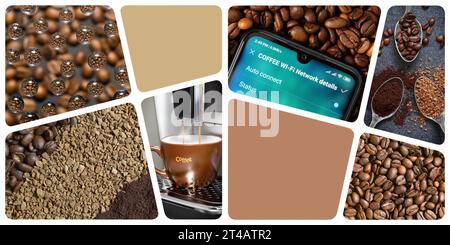 Collage with different types of coffee, coffee machine, cell phone, wi-fi network. Cafe concept with internet access. Stock Photo