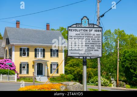 Sign of Revolution of 1689 on main Street in historic town center of Ipswich, Massachusetts MA, USA. Stock Photo