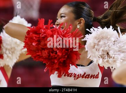 College Park, USA. 29th Oct, 2023. COLLEGE PARK, MD - OCTOBER 29: Maryland Terrapins cheerleaders perform during a women's college basketball game between the Maryland Terrapins and the East Carolina Pirates, on October 29, 2023, at Xfinity Center, in College Park, Maryland. (Photo by Tony Quinn/SipaUSA) Credit: Sipa USA/Alamy Live News Stock Photo