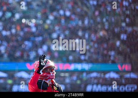 Mexico City. 29th Oct, 2023. Ferrari's Charles Leclerc of Monaco celebrates after the final race of the 2023 F1 Mexico City Grand Prix at the Hermanos Rodriguez Circuit in Mexico City, Mexico on Oct. 29, 2023. Credit: Xin Yuewei/Xinhua/Alamy Live News Stock Photo
