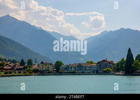 Town and Mountain on Lake Brienz in a Sunny Day in Interlaken, Bernese Oberland, Bern Canton, Switzerland Stock Photo