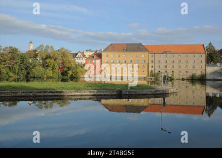 Industrial museum on the banks of the Main and scrap tower, Main, river, reflection, building, cityscape, Schweinfurt, Lower Franconia, Franconia Stock Photo
