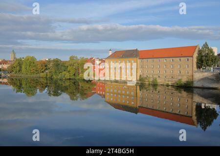 Industrial museum on the banks of the Main, scrap tower, church tower, Main, river, reflection, building, cityscape, Schweinfurt, Lower Franconia Stock Photo