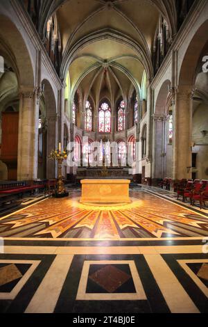 Interior view of the chancel of the Romanesque cathedral St-Jean, St John's Church, Saint, altar, shine, floor mosaic, decorations, Romanesque Stock Photo