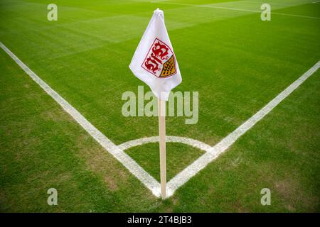 Corner flag, logo VfB Stuttgart, turf, marking, stadium, interior, MHPArena, MHP Arena Stuttgart, Baden-Wuerttemberg, Germany Stock Photo