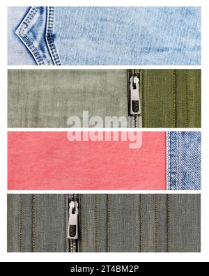Set of horizontal banners with denim jeans fabric texture of blue, gray, coral and Khaki colors. Dark green, grey and light green denim background wit Stock Photo