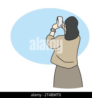 Rear view of young businesswoman taking a photo with her smartphone illustration vector hand drawn isolated on white background Stock Vector