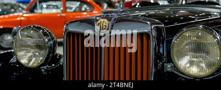 Close up of old retro car MG, Morris Garages. Novi Sad, Serbia - 09.08.2023. Stock Photo