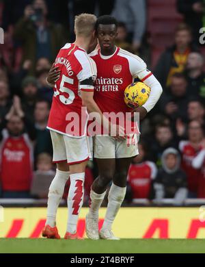 Eddie Nketiah of Arsenal celebrates his 3 goal hat-rick performance with Oleksandr Zinchenko of Arsenal. - Arsenal v Sheffield United, Premier League, Emirates Stadium, London, UK - 28th October 2023. Editorial Use Only - DataCo restrictions apply. Stock Photo