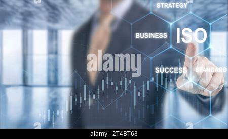ISO standards quality control. Businessman touch to activate quality sign to promote business in global marketing. Quality Assurance, Guarantee, and S Stock Photo