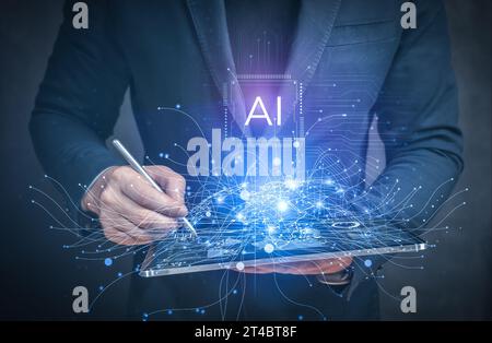 Strategy for achieving business success using artificial intelligence. Ai tech, businessman show virtual Global Internet connect AI Chat, Artificial I Stock Photo