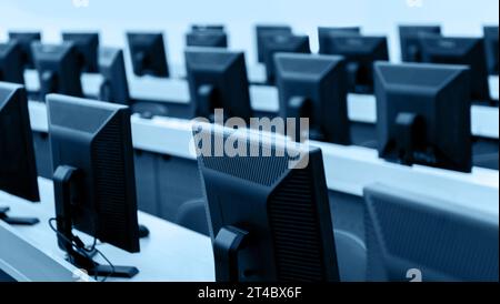 Group of computers in computer lab Stock Photo