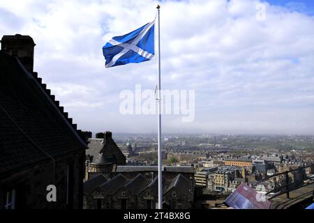 The Scottish Flag on the castle battlements at Edinburgh Castle, Scotland, UK Stock Photo