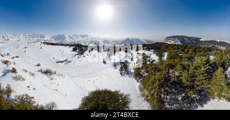 Drone view of Mount Lebanon mountain range, with cedar tree forest, snow covered landscape in winter, Tannourine Cedar Reserve, Lebanon, Middle East Stock Photo