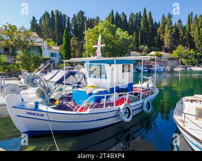 The pretty little fishing harbour of Kouloura on the north-east coast of Corfu in the Ionian Islands of Greece Stock Photo