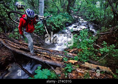man carrying bike across wooden bridge over stream near Telluride, Colorado Stock Photo