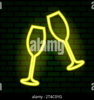 Two clinking yellow neon champagne glasses sign illuminated on the green brick wall. Illustration in neon style Stock Photo